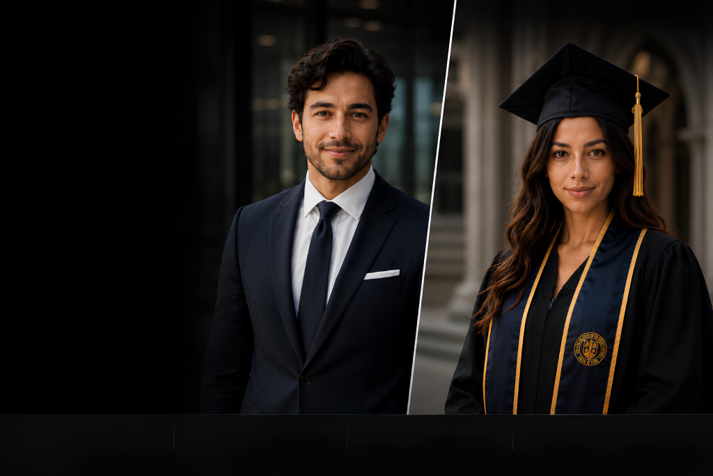 Professional headshot and graduation photo